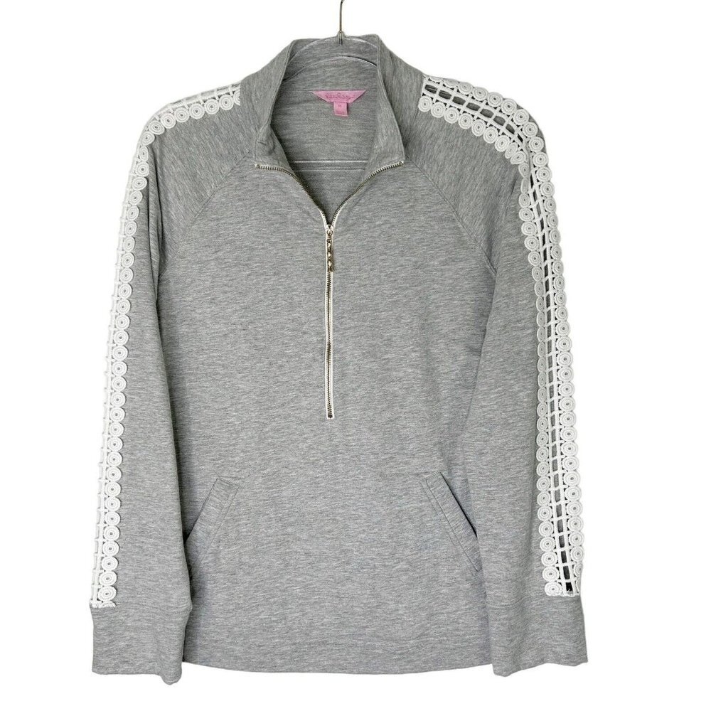 Lilly Pulitzer Skipper Pullover Top Womens Size Medium Gray Lace Sleeve 1/2 Zip